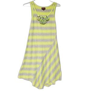 Barbara Lesser Yellow Green Gray Striped Asymmetrical Dress Size S Made in USA